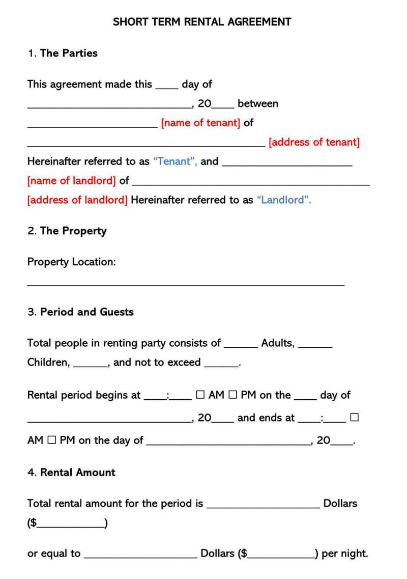 sample Short Term Lease Agreement Template