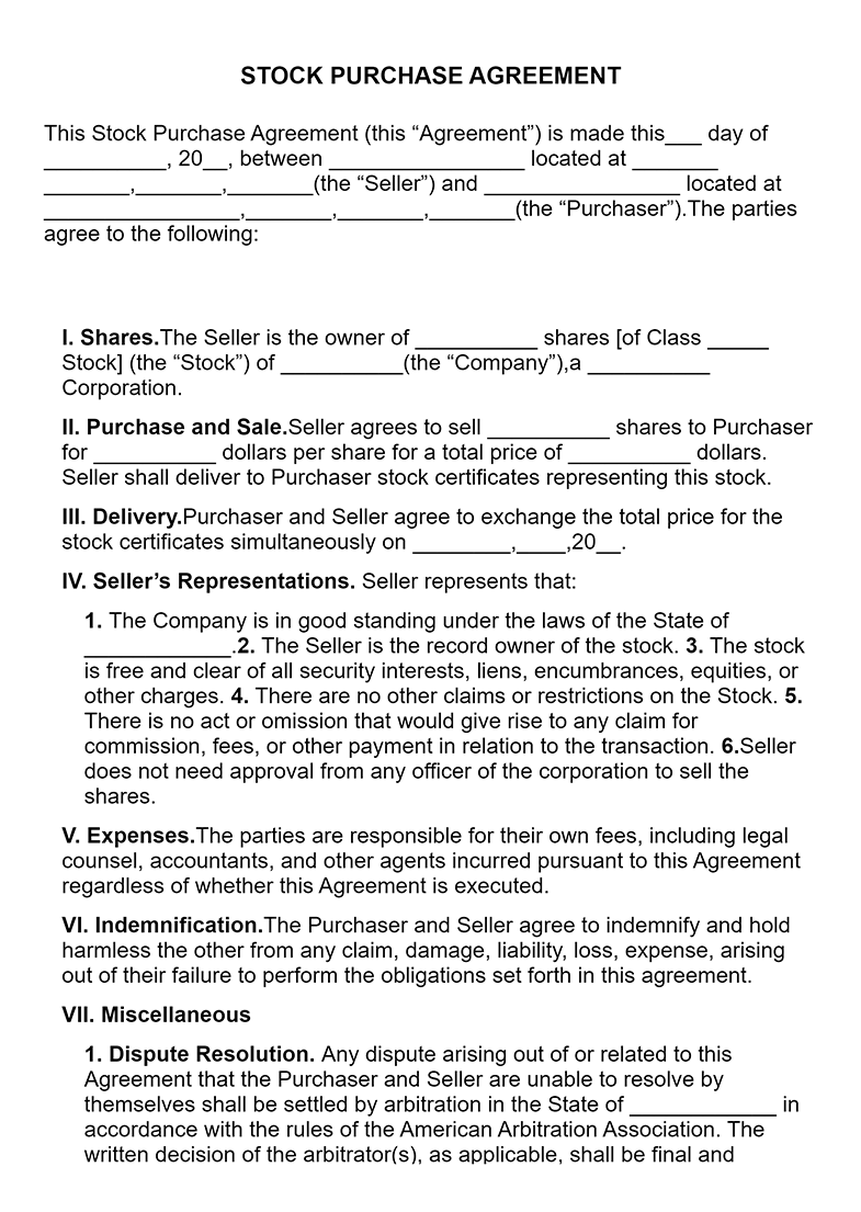 sample Stock Purchase Agreement Template