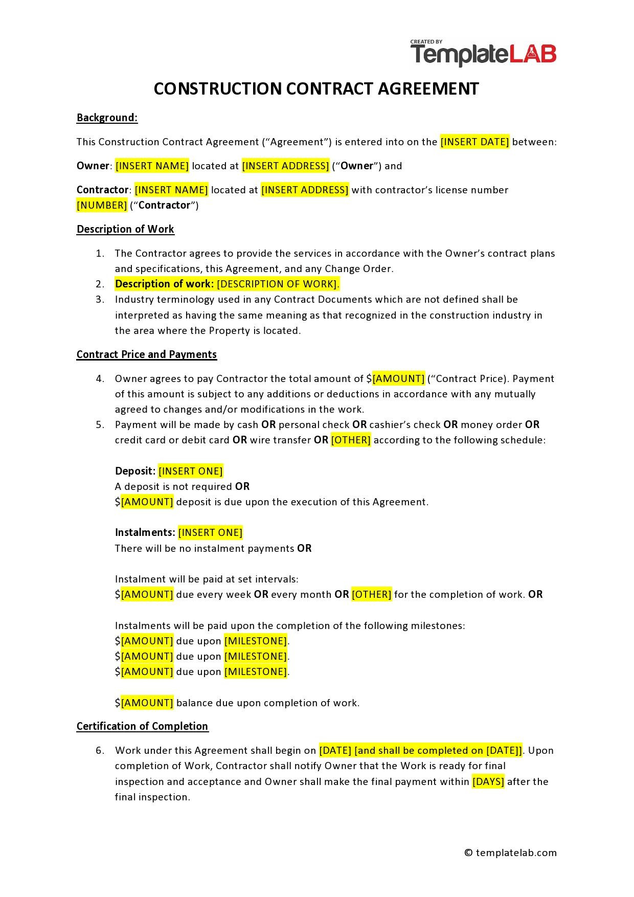 sample construction agreement template