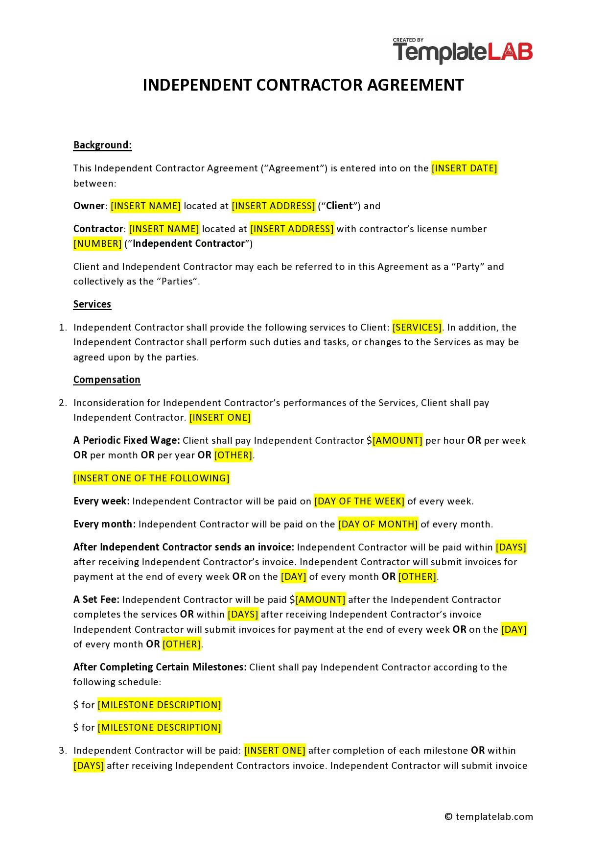 sample independent contractor agreement template