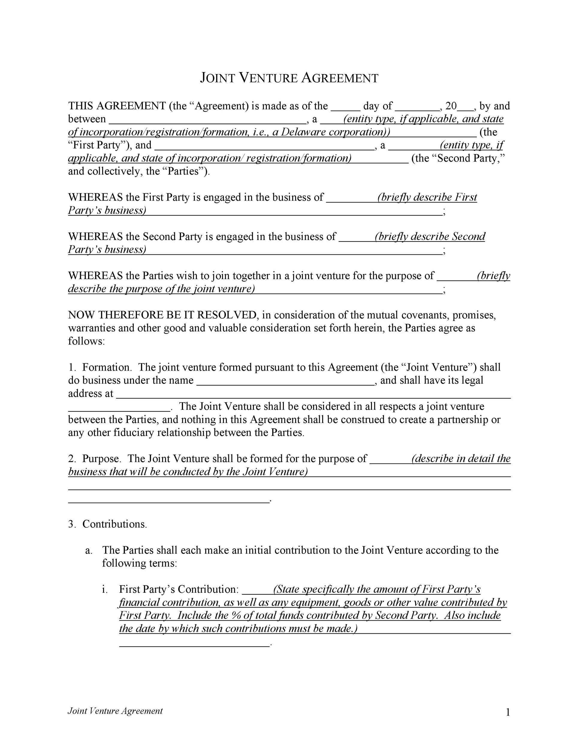 sample joint venture agreement template