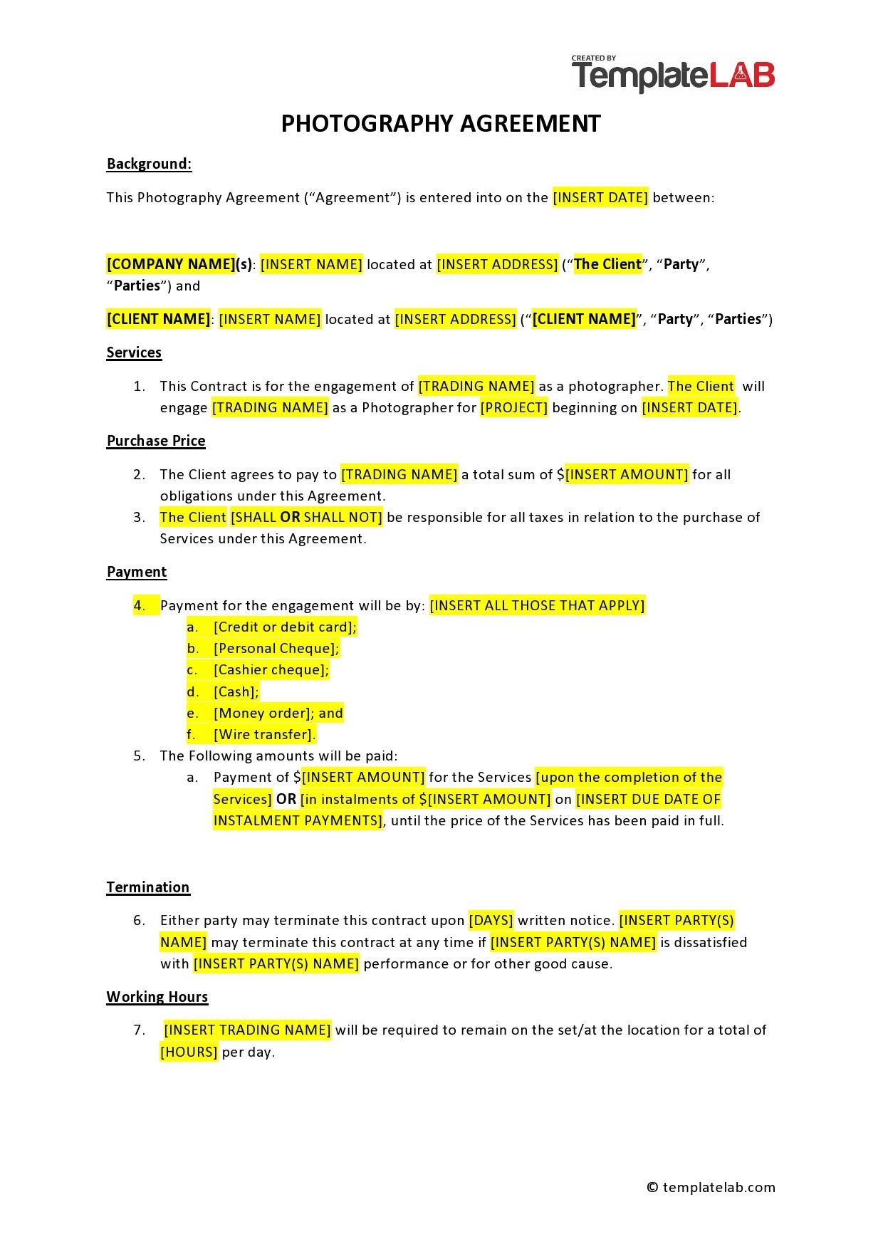 sample photographer agreement template