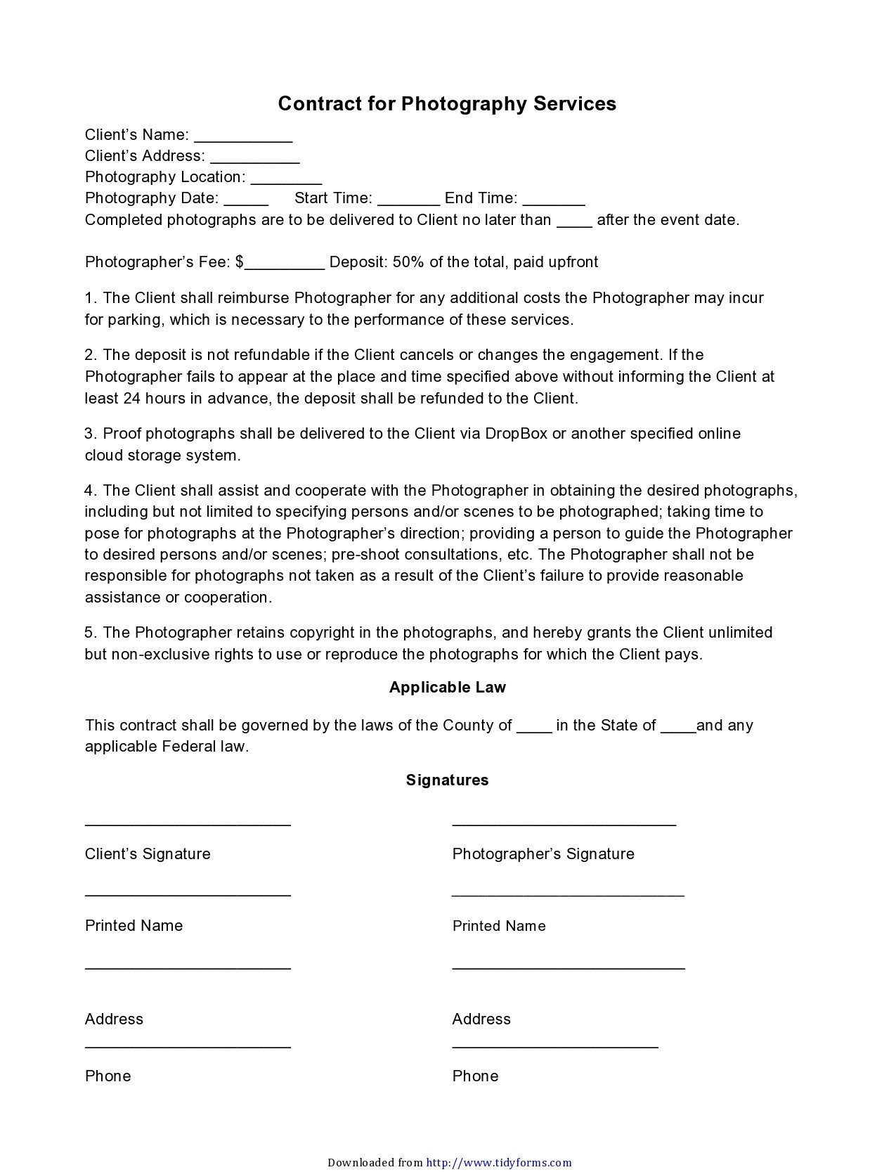 sample photographer agreement template