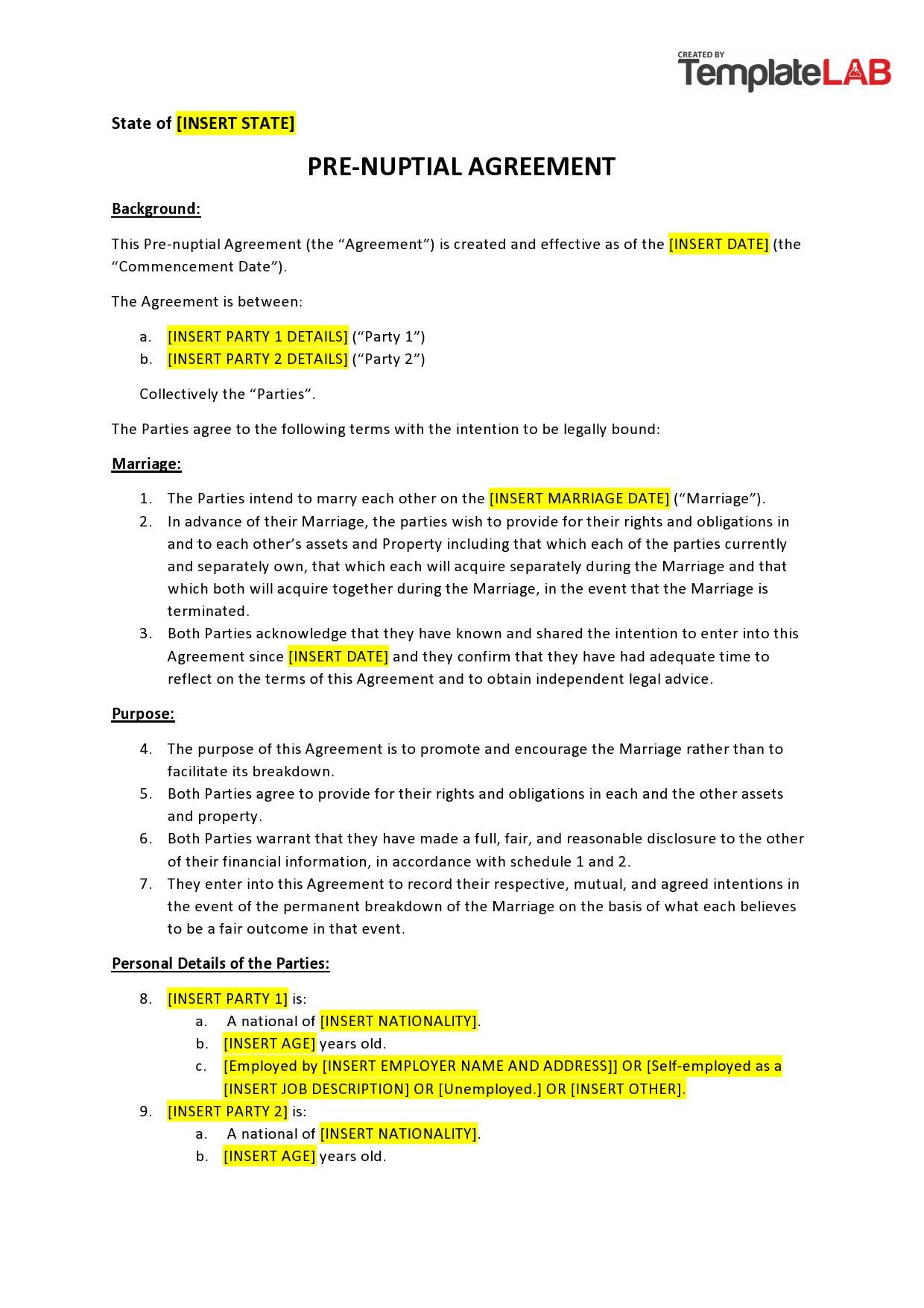 sample prenuptial agreement template