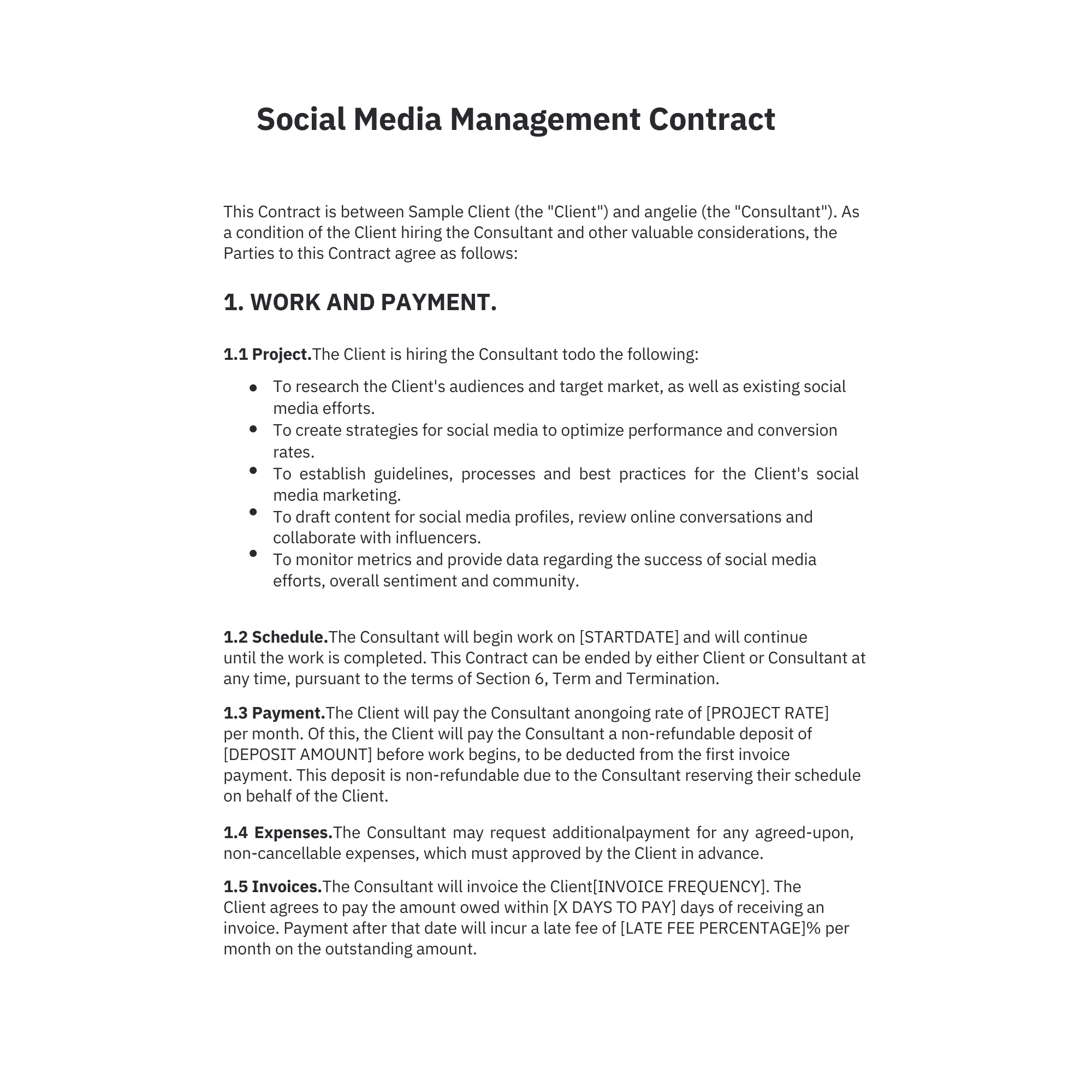 sample Social Media Management Agreement Template