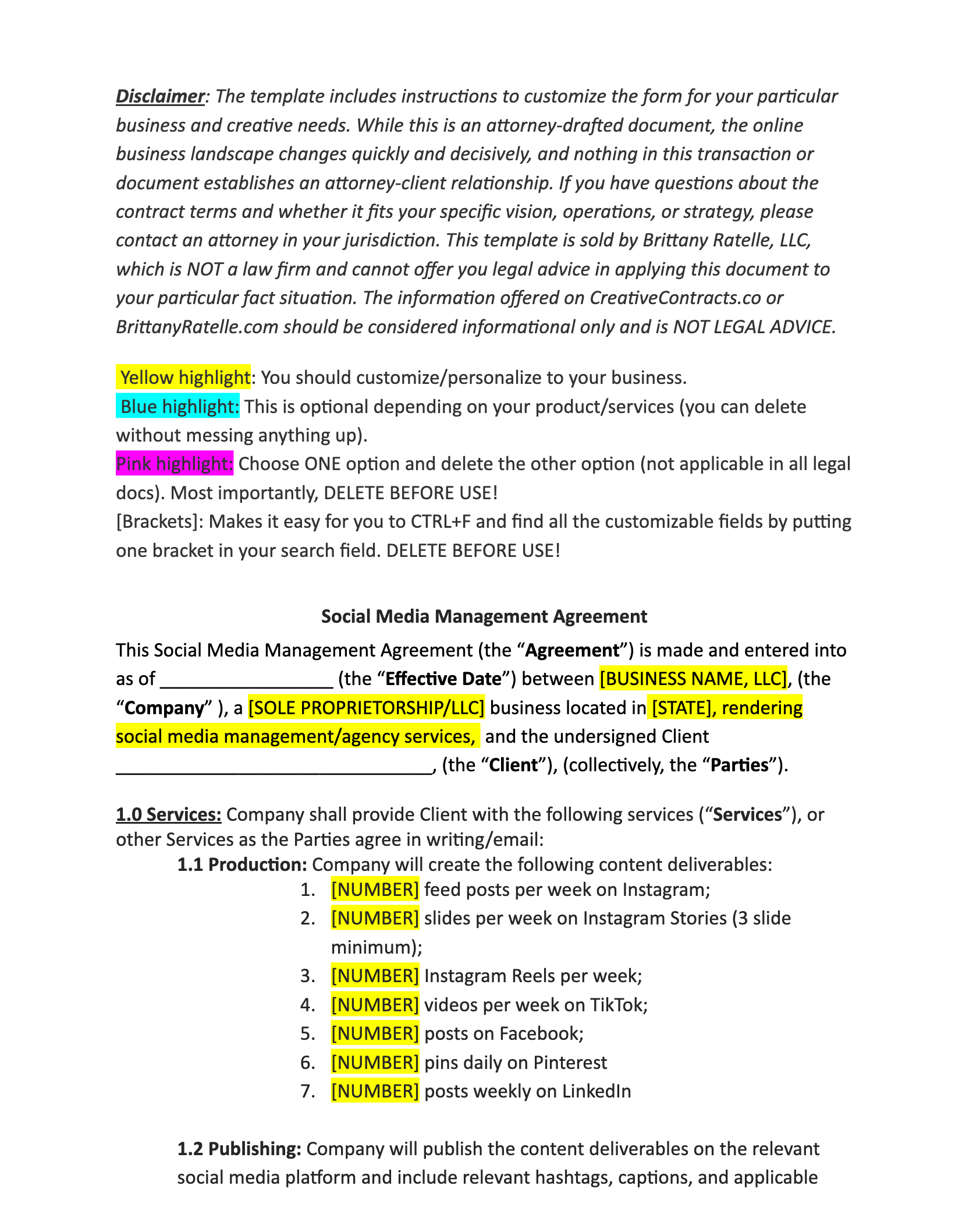 sample Social Media Management Agreement Template