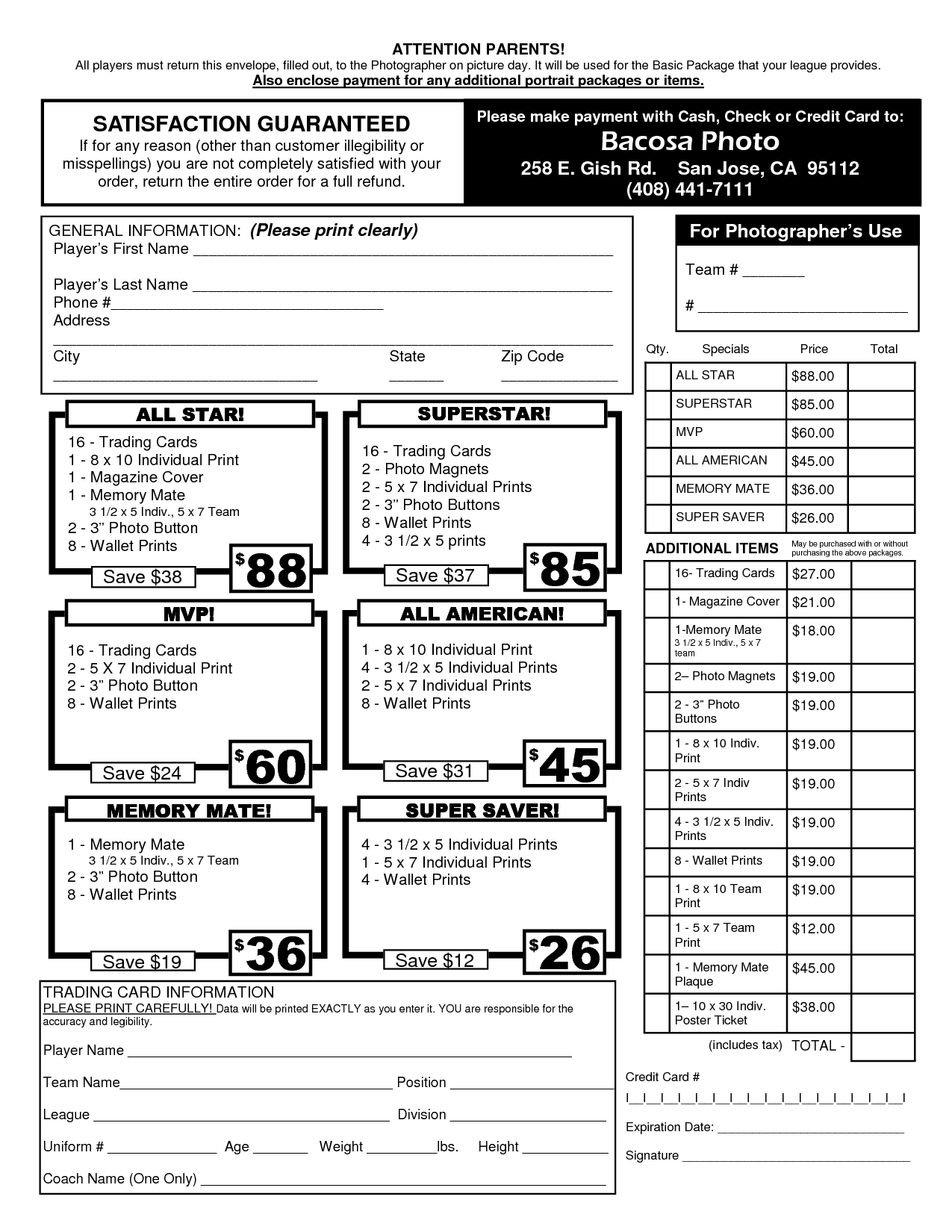 sample Sports Photography Price List Template