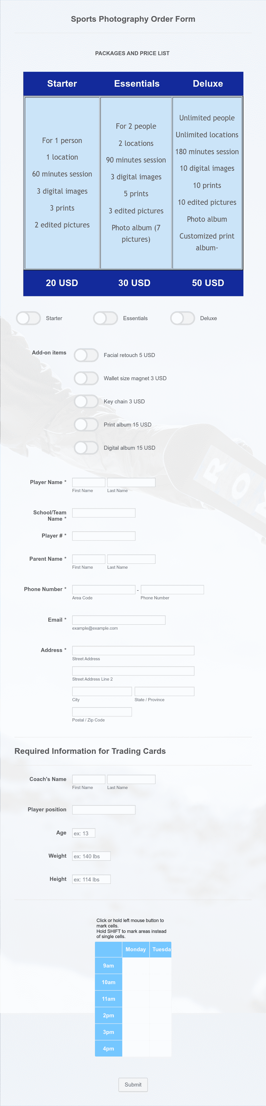 sample Sports Photography Price List Template