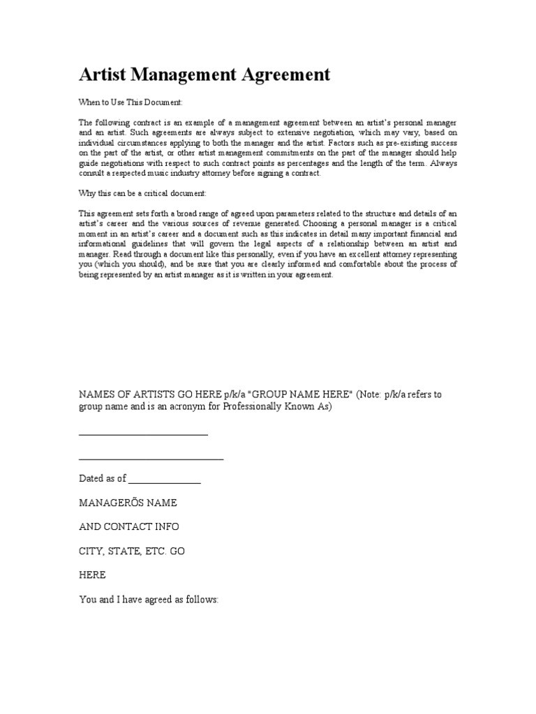 sample Talent Management Agreement Template