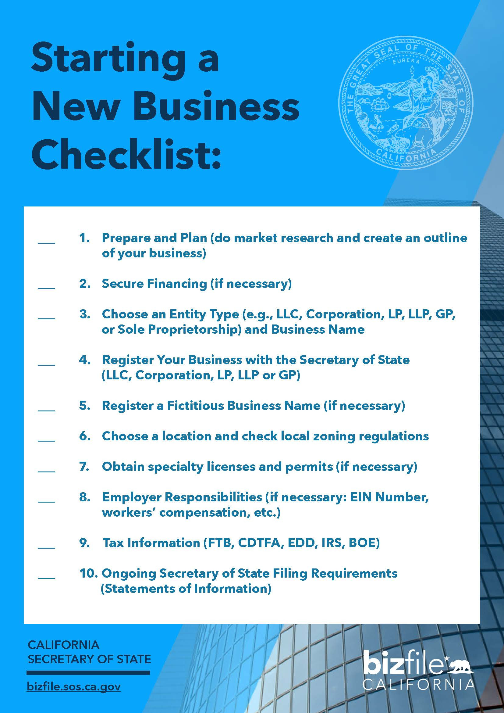 Starting a Business Checklist :: California Secretary of State