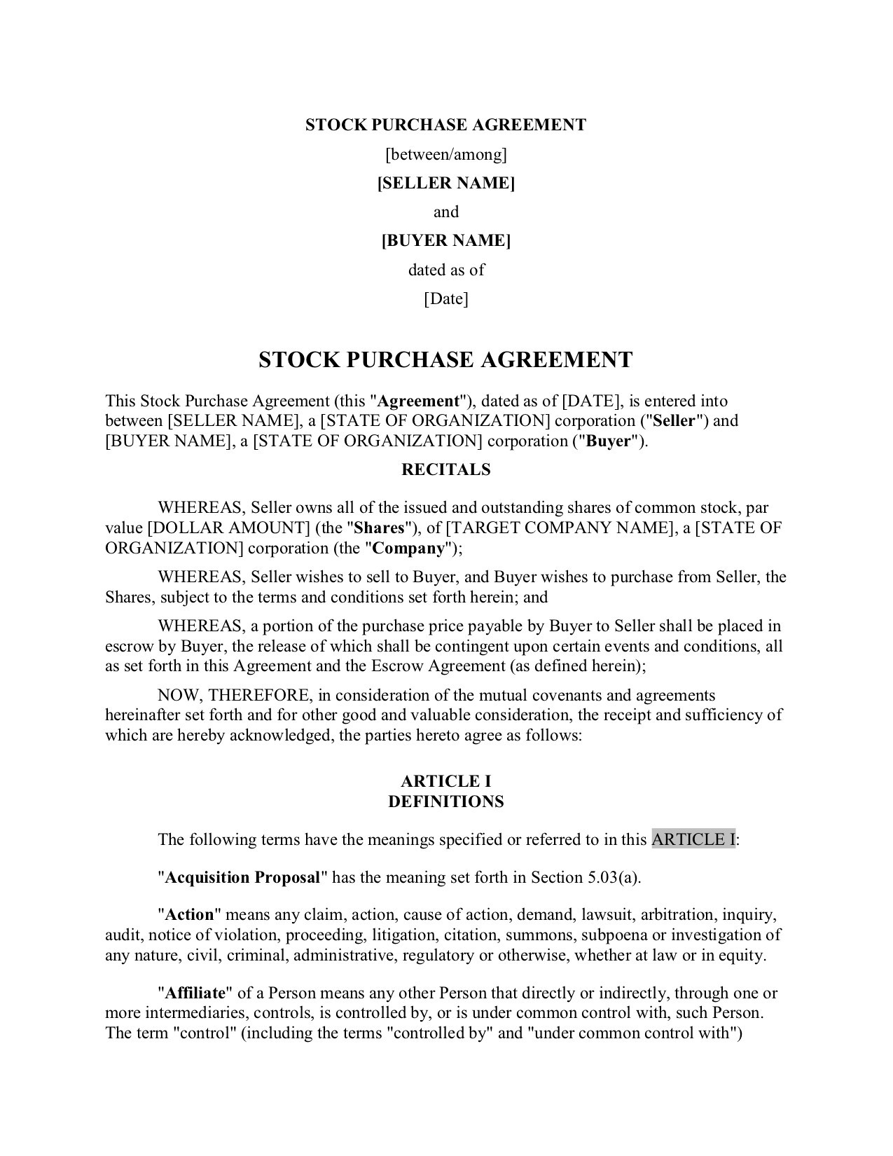 sample Stock Purchase Agreement Template