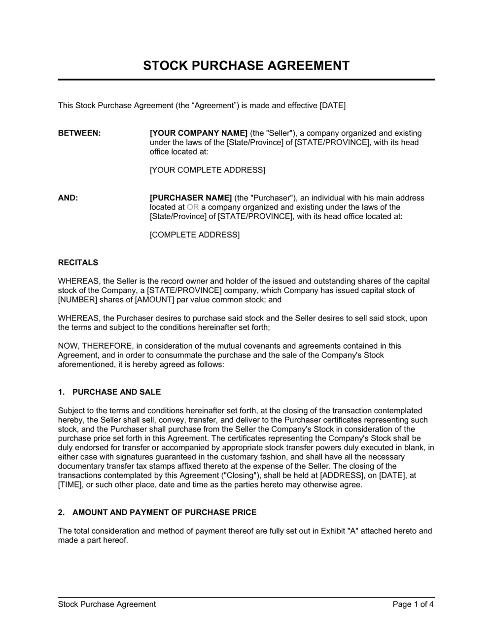 sample Stock Purchase Agreement Template