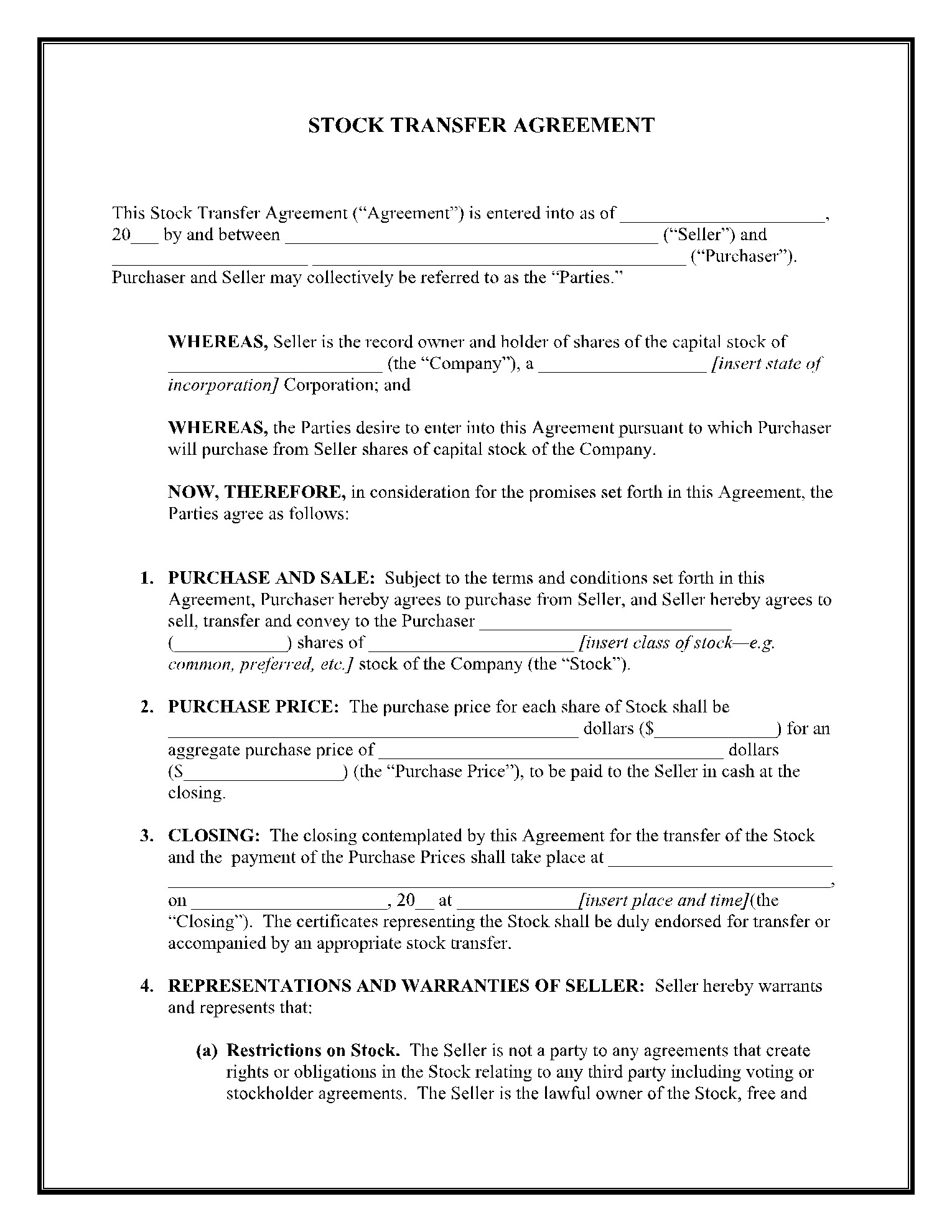 sample Stock Purchase Agreement Template