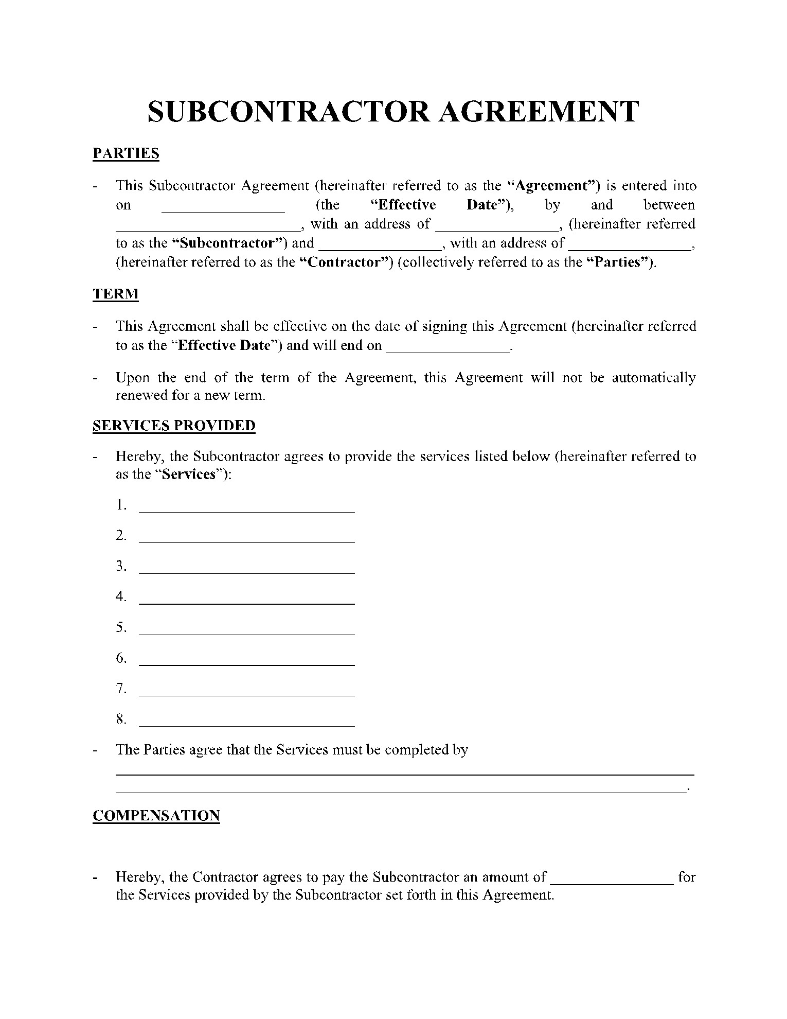 sample Sub Contractor Agreement Template