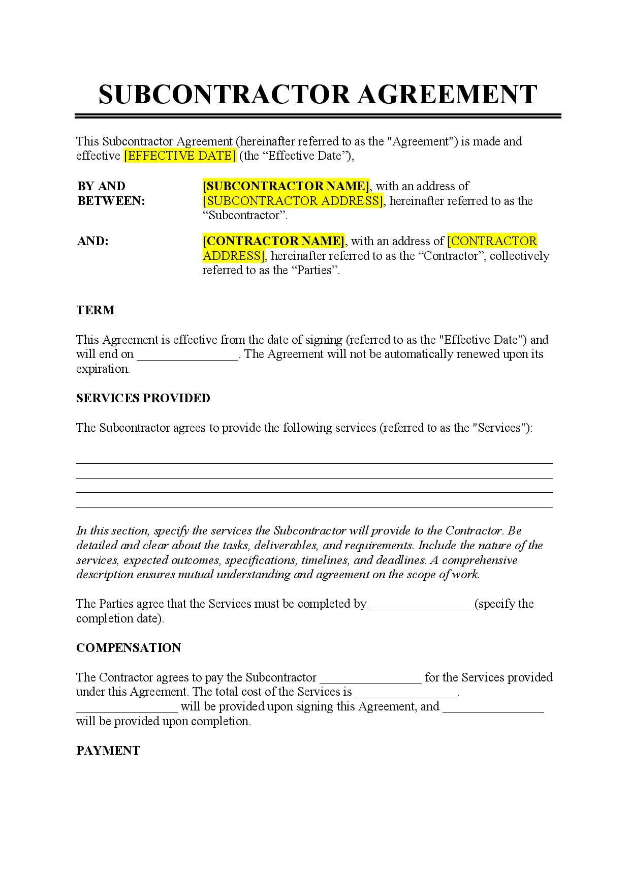 sample Sub Contractor Agreement Template