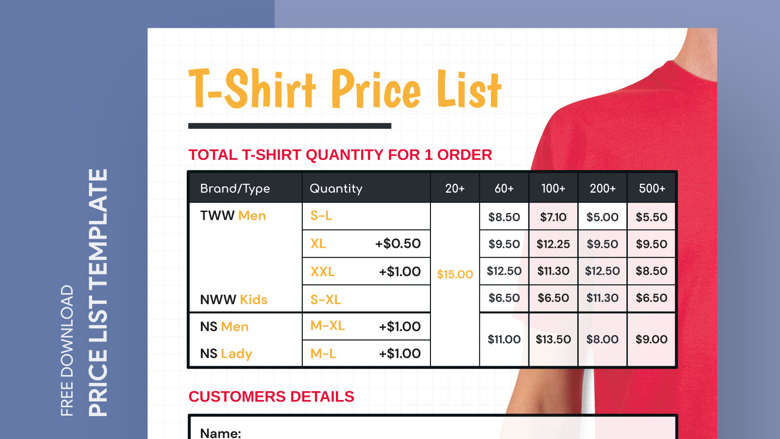 sample Custom T Shirt Price List Template