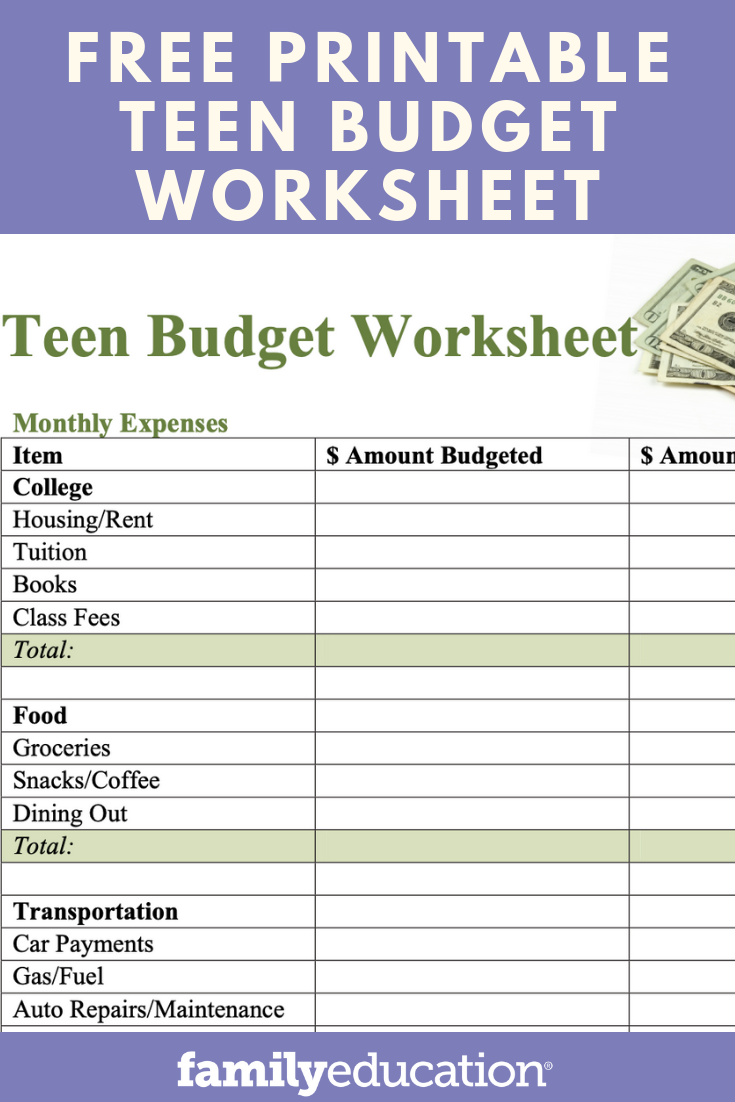 sample budget template for teenager