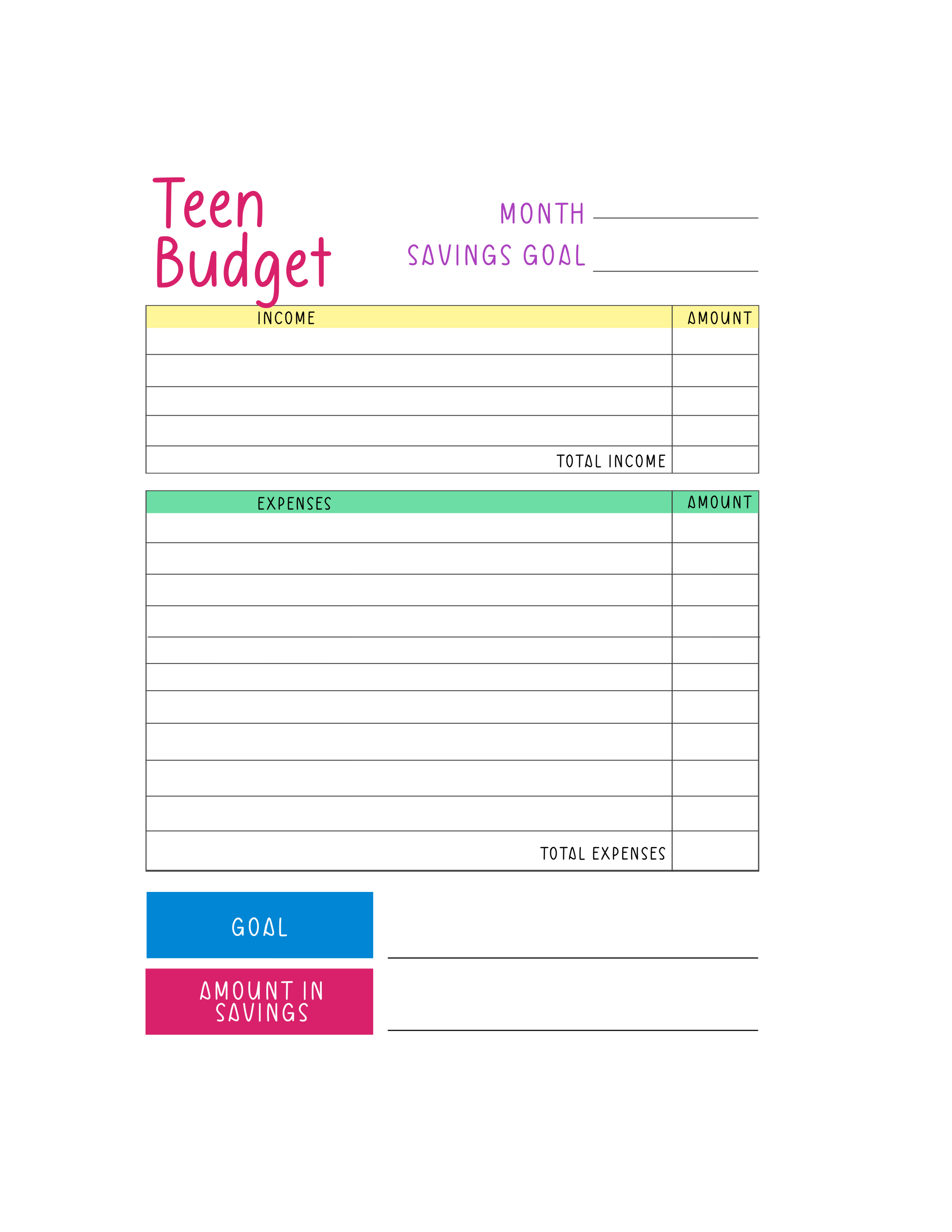 sample teenage budget template