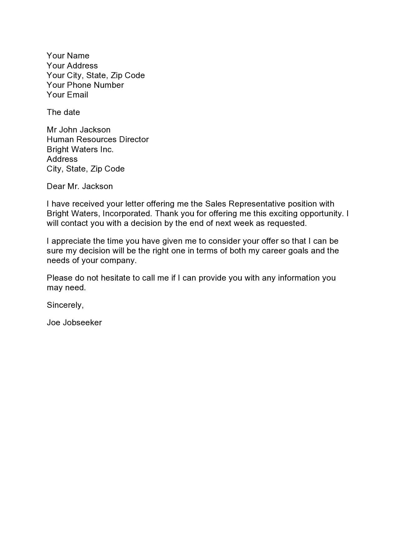 thank you letter for job offer