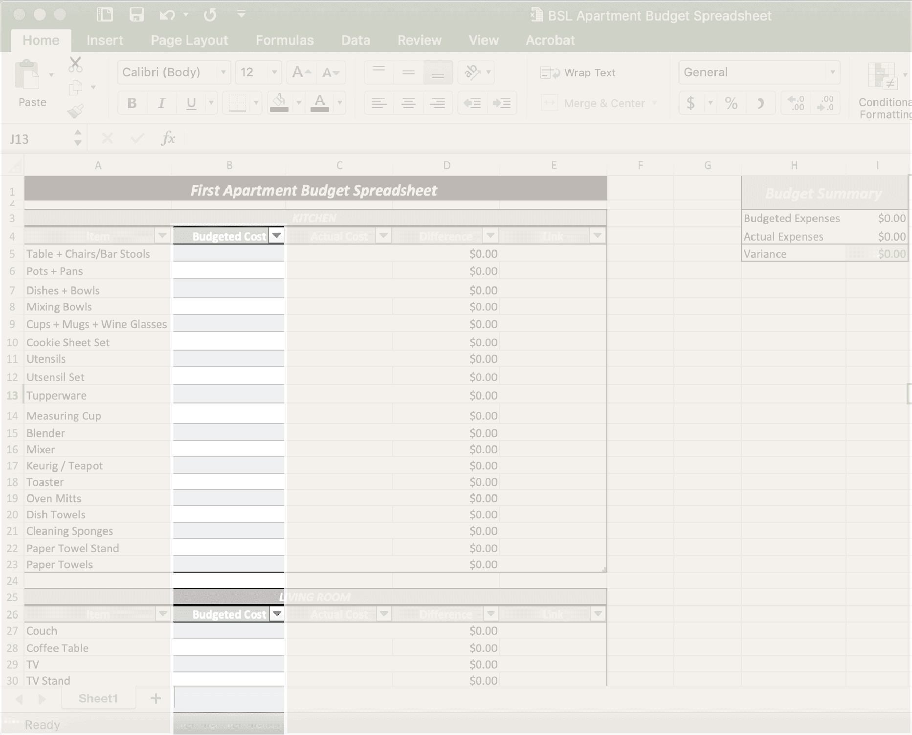 sample first apartment budget template