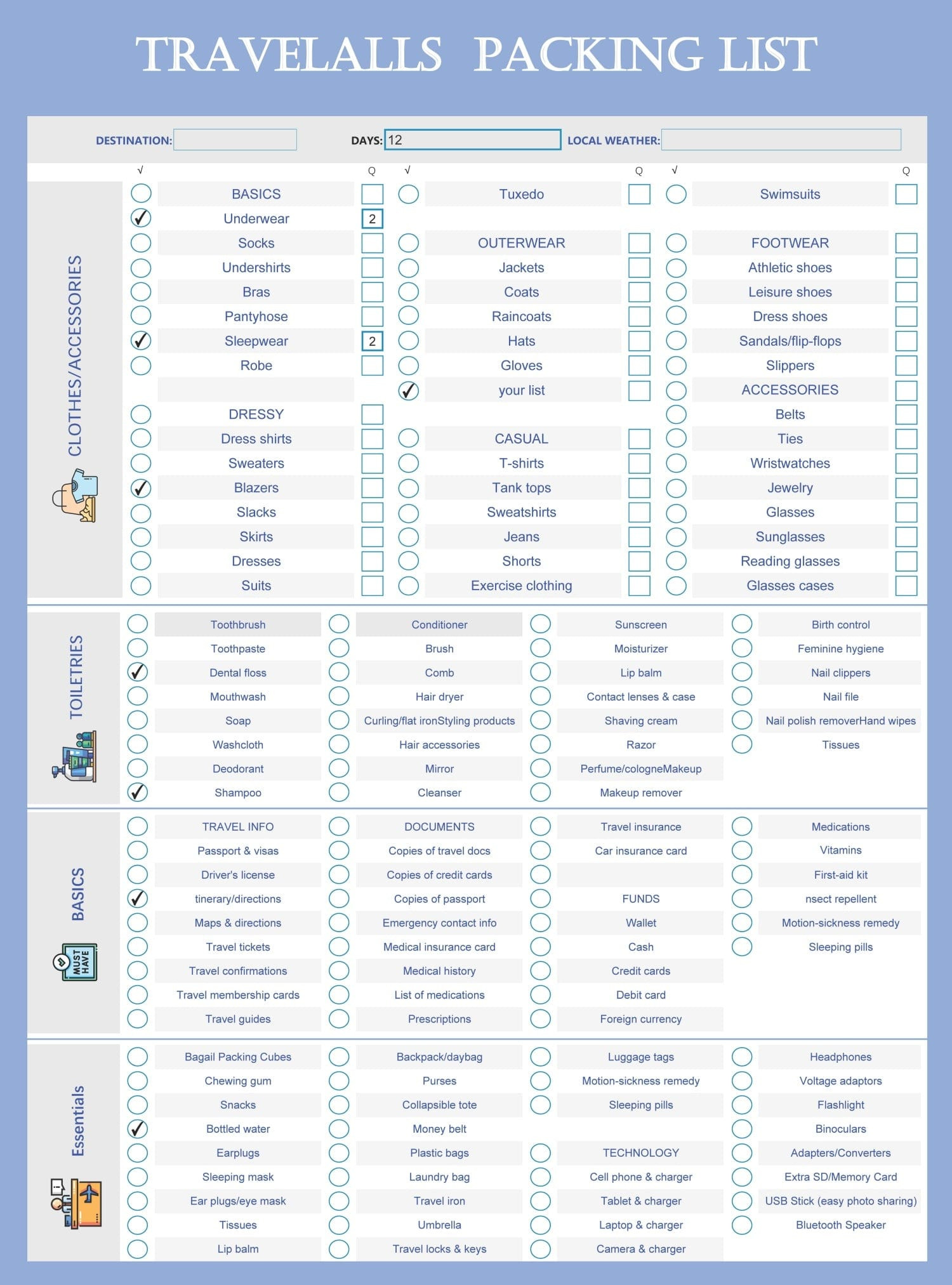 Travel Packing List Template,Printable PDF Checklist Planner , Cruise, Vacation, Family, EDITABLE Packing Checklist A A US Letter