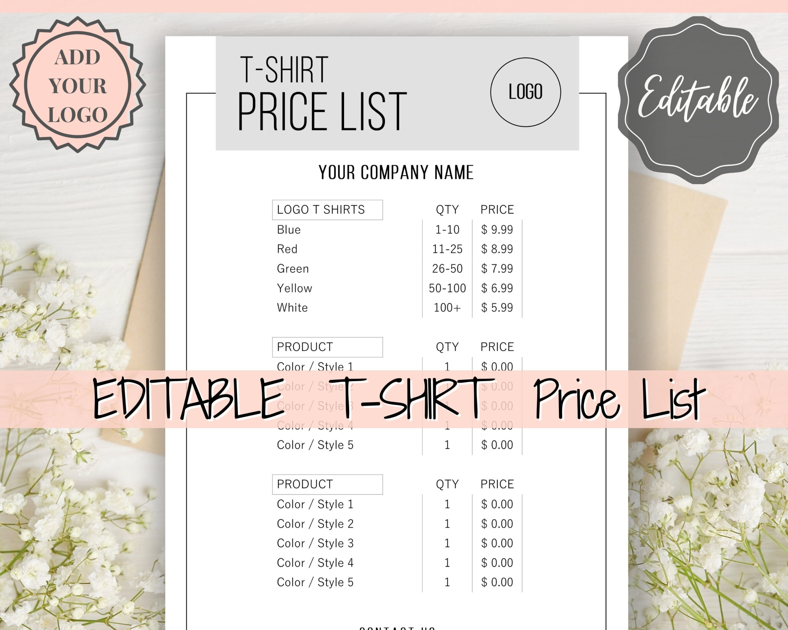 sample Custom T Shirt Price List Template