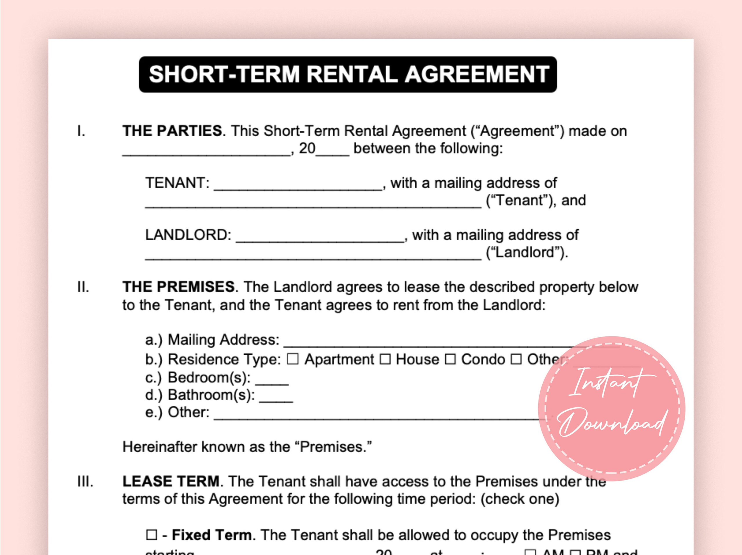 sample Short Term Lease Agreement Template