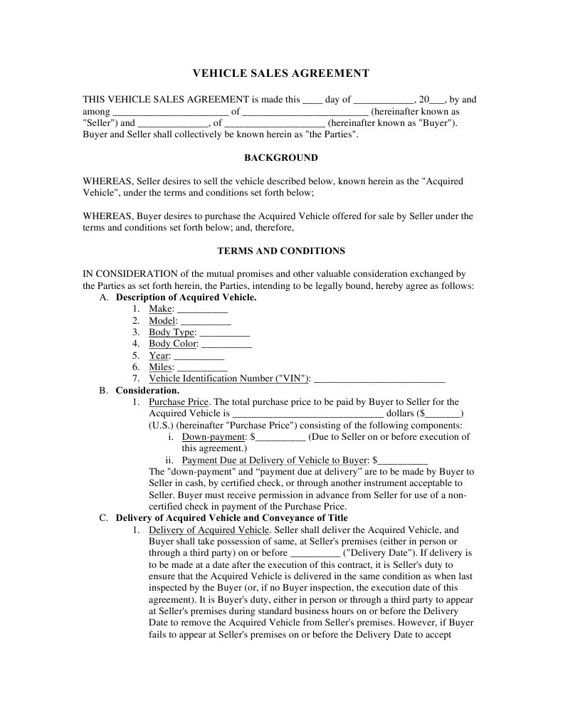 sample car sale agreement template