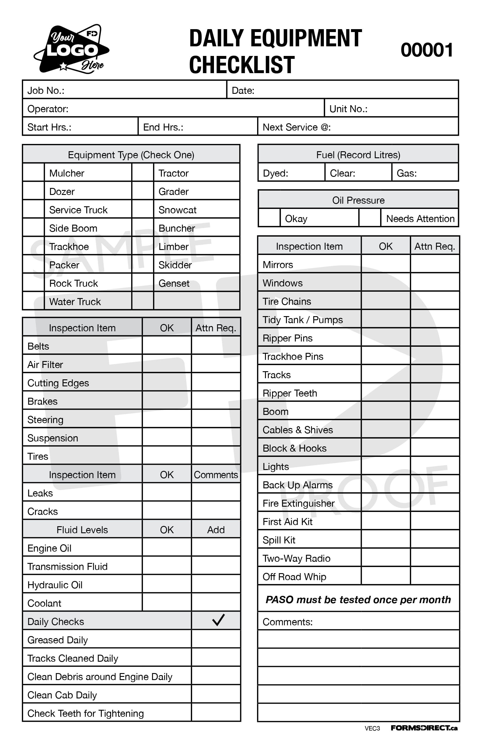 sample equipment checklist template