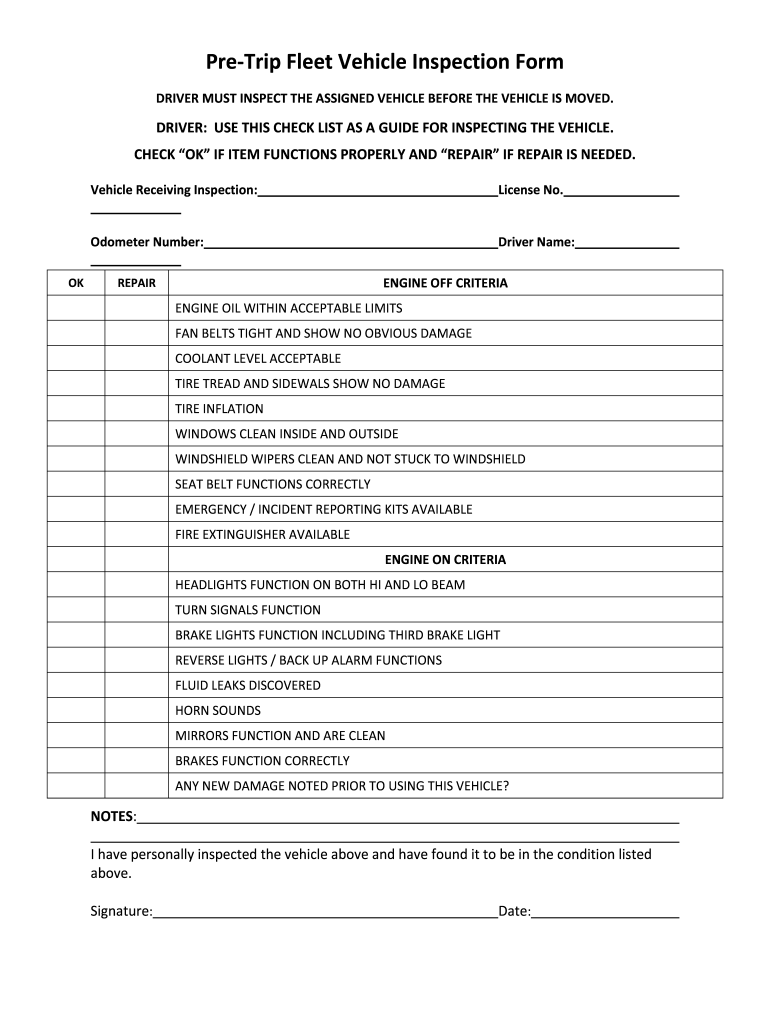 sample fleet vehicle checklist template