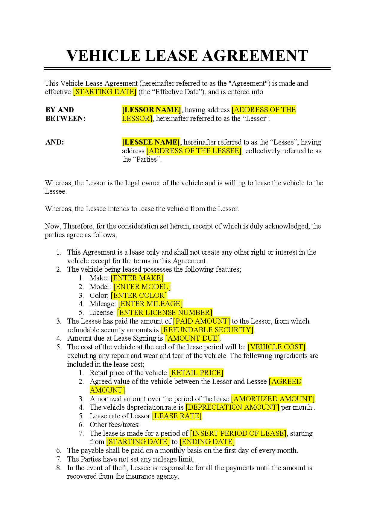 sample car lease agreement template