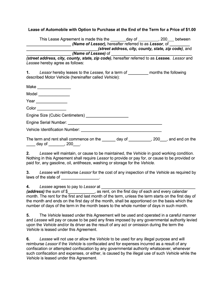 sample car lease agreement template