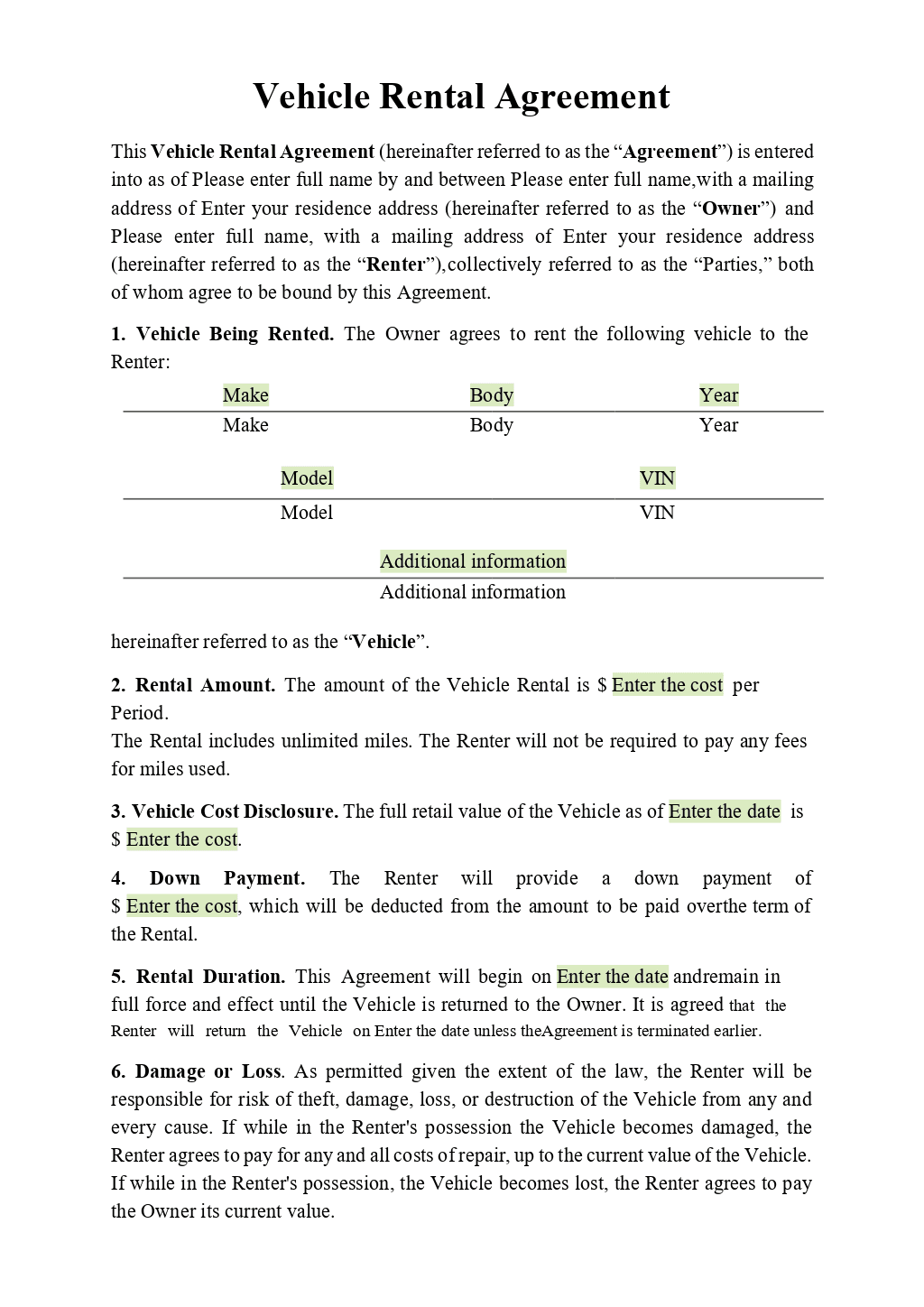 sample car rent agreement template