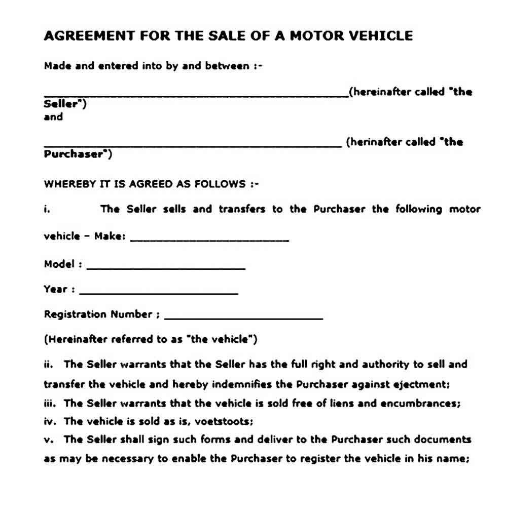 sample car sale agreement template