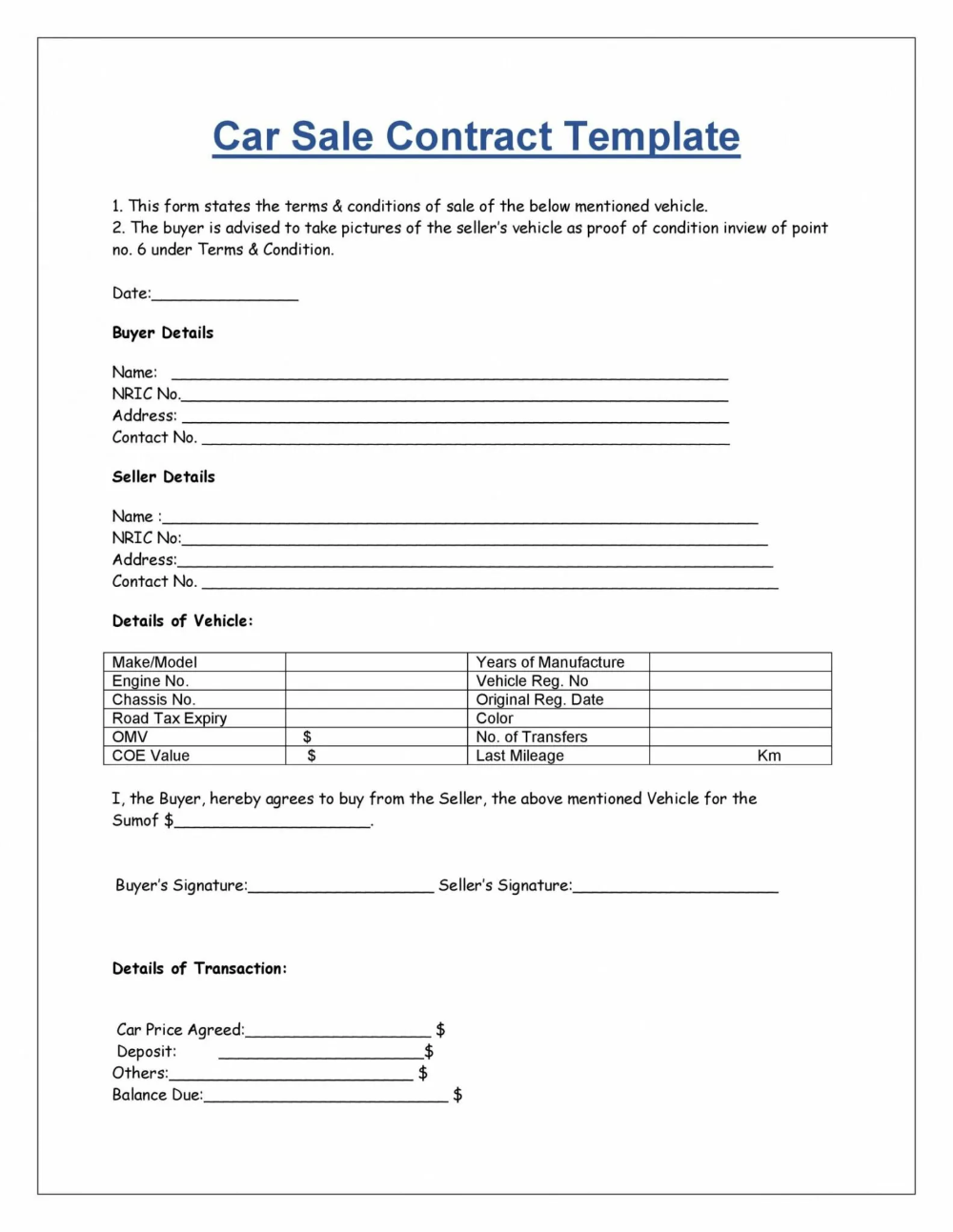 sample car buying agreement template