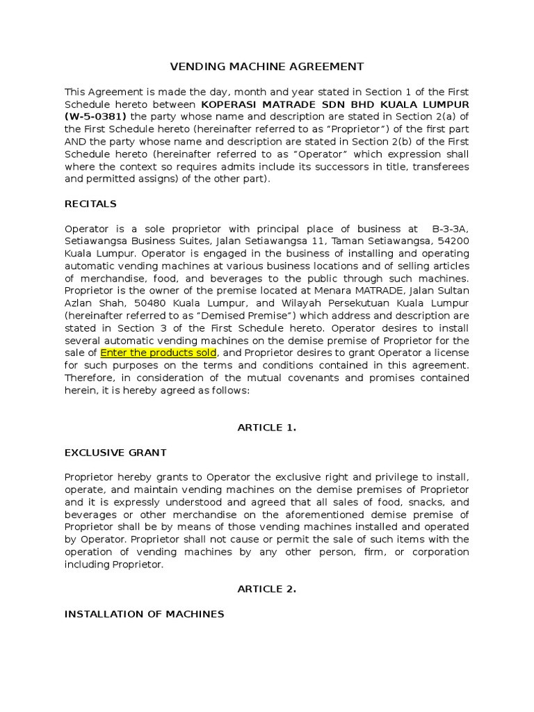 sample Vending Machine Agreement Template