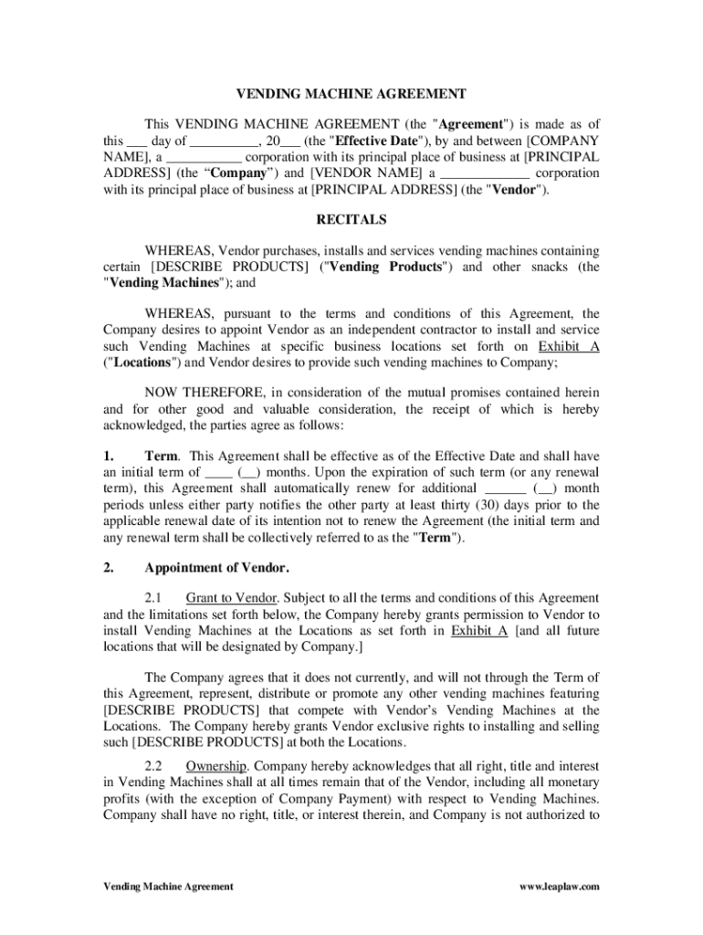 sample Vending Machine Agreement Template