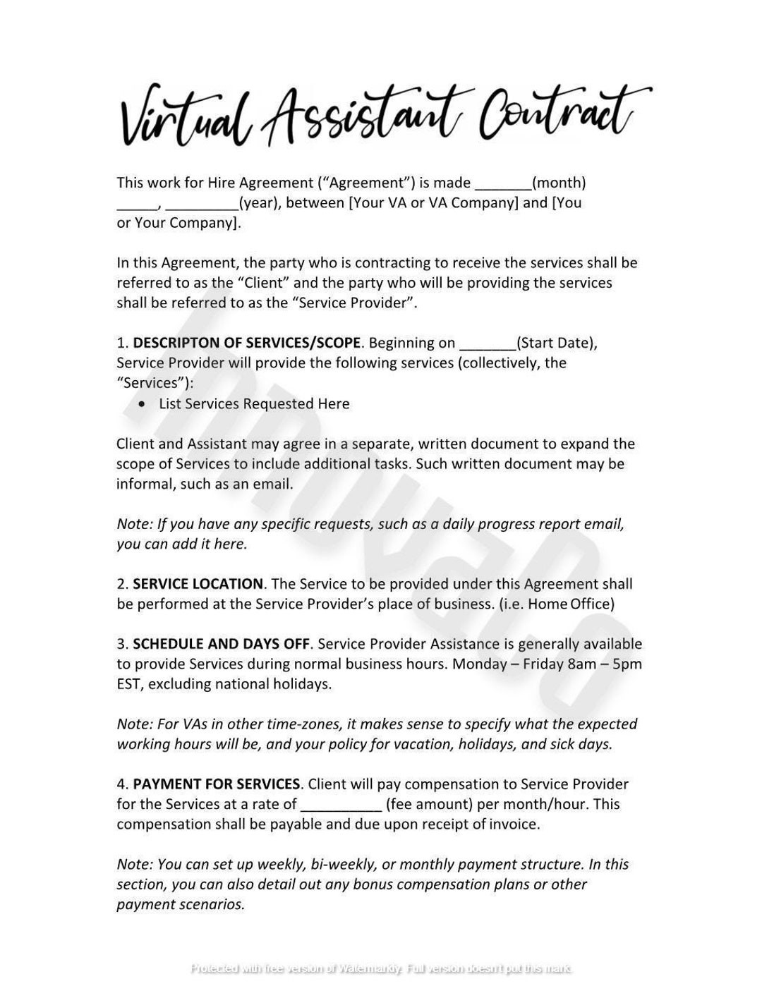 sample Virtual Assistant Agreement Template