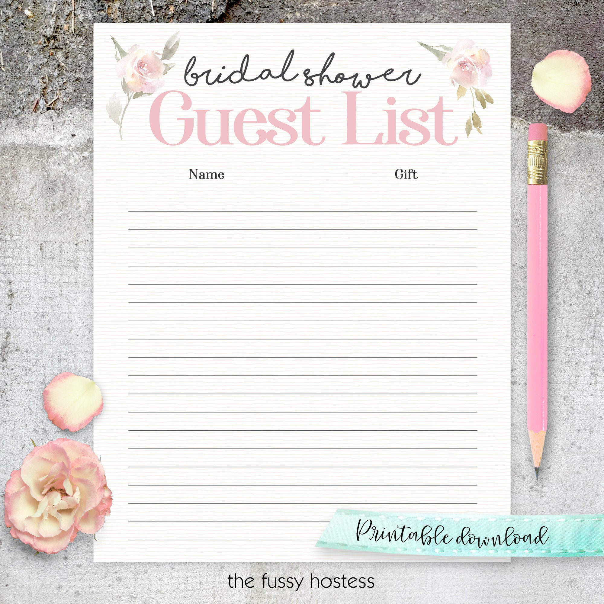 Virtual Printable Bridal Shower Guest List Sign in Sheet Guest