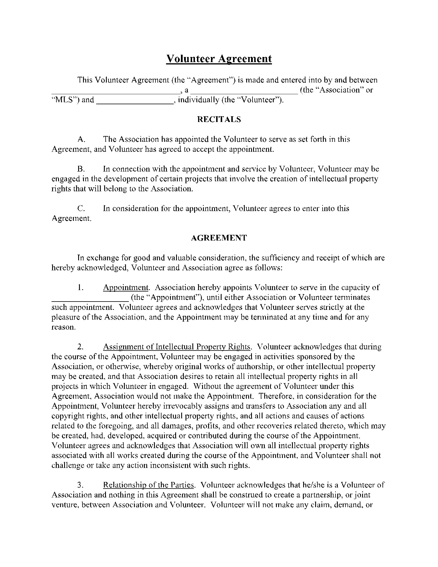 sample Volunteer Agreement Template