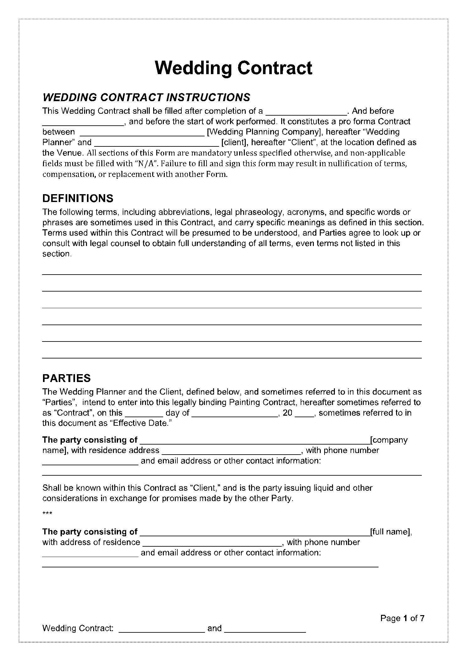 sample Wedding Agreement Template