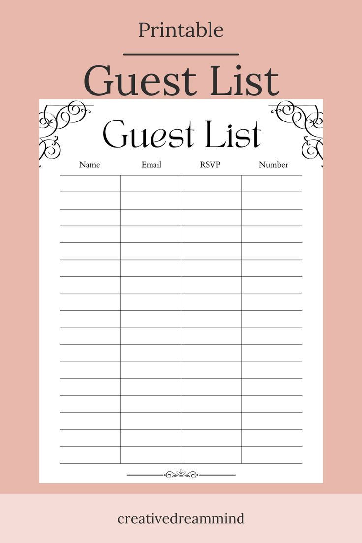 Wedding Guest List, Bridal Shower, Guest Book List, Printable