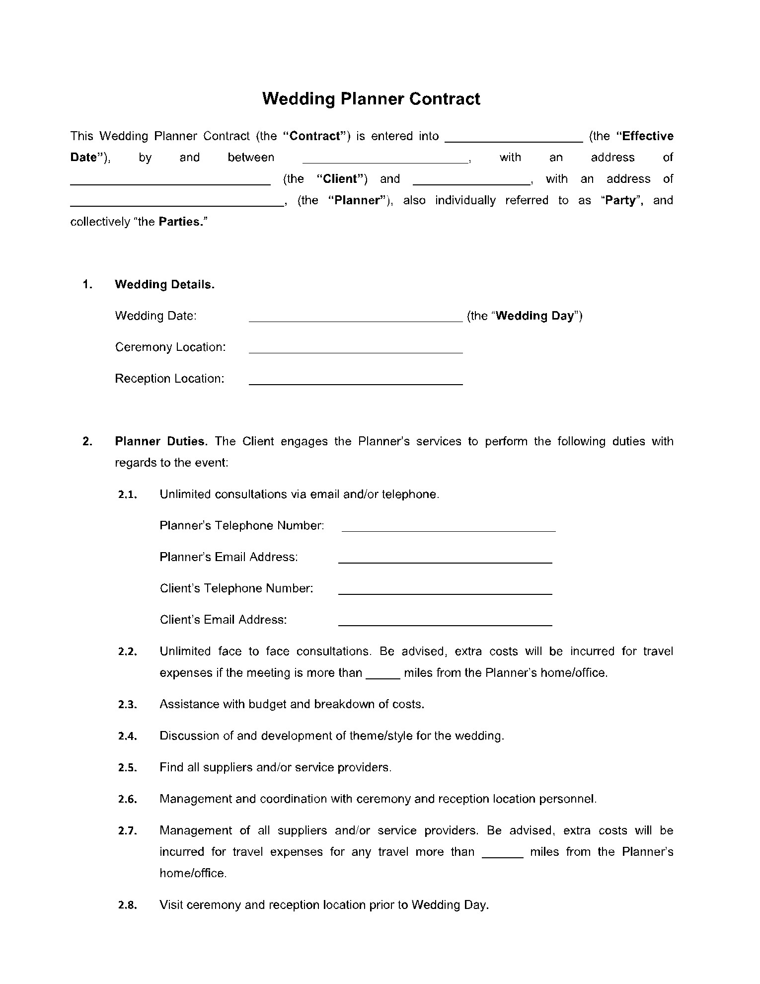 sample Wedding Planner Agreement Template