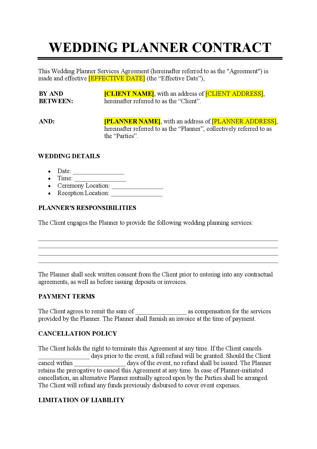 sample Wedding Planner Agreement Template