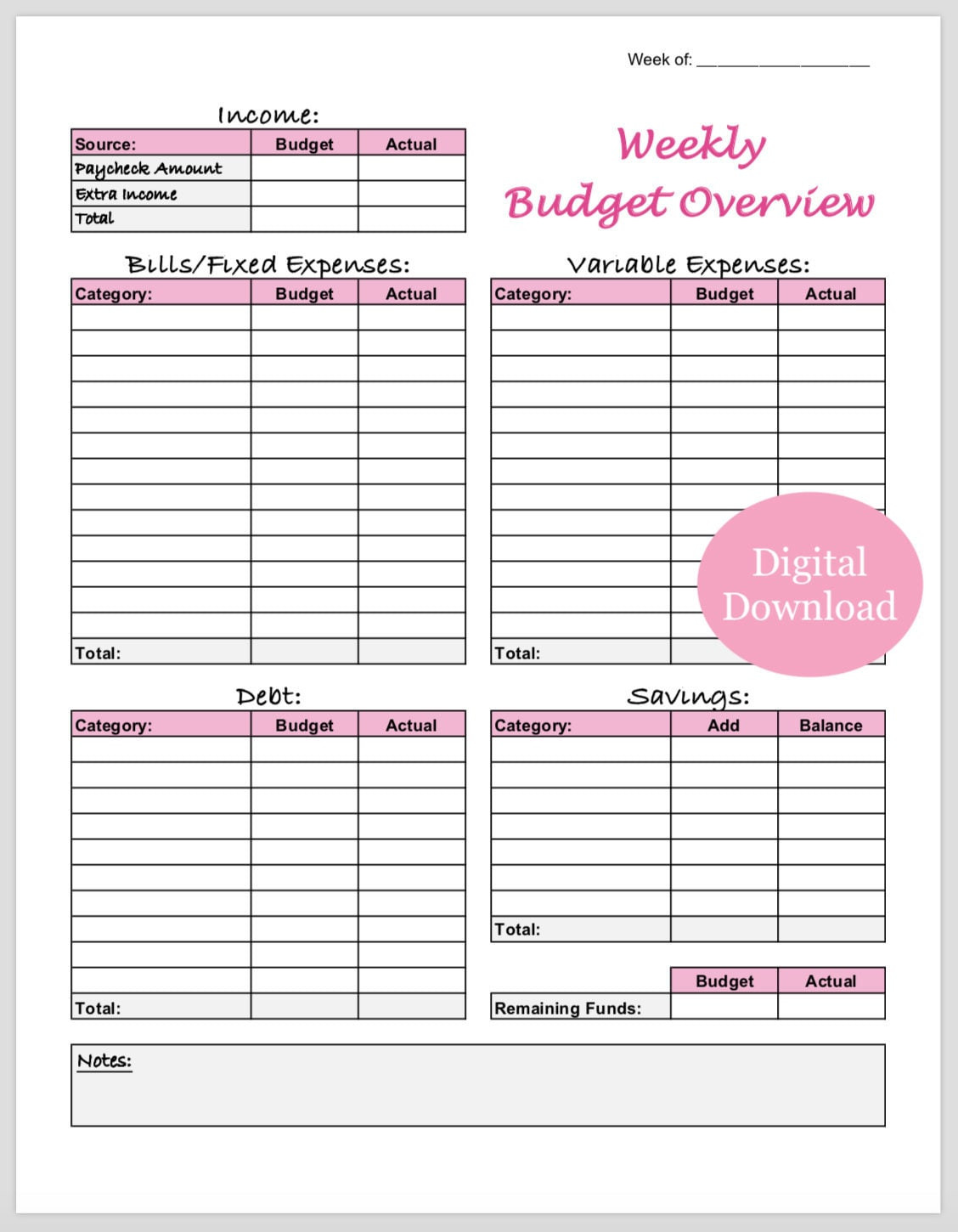 sample easy weekly budget template