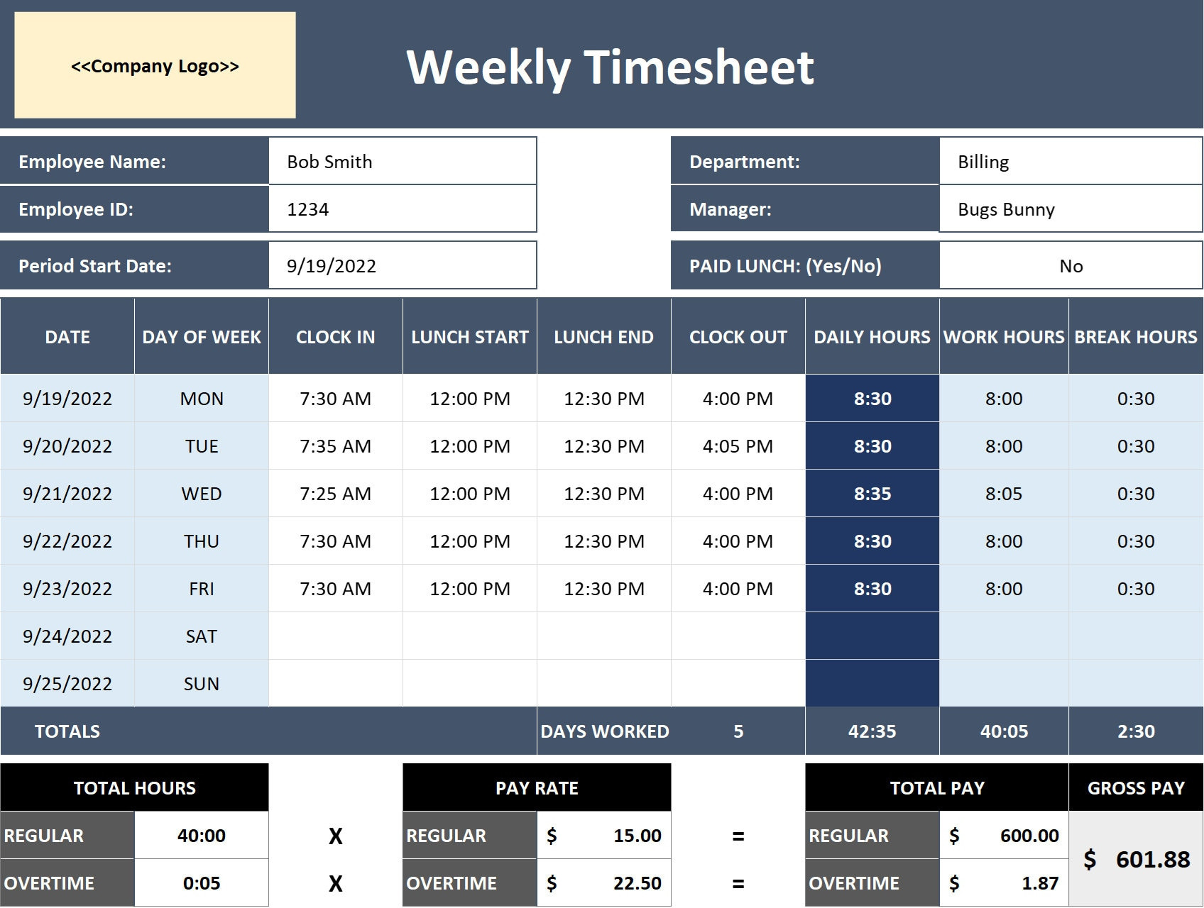 sample timesheet with lunch template