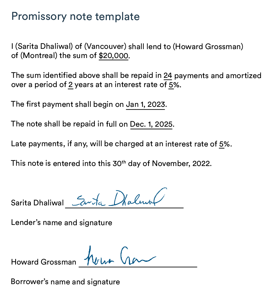 sample promissory agreement template