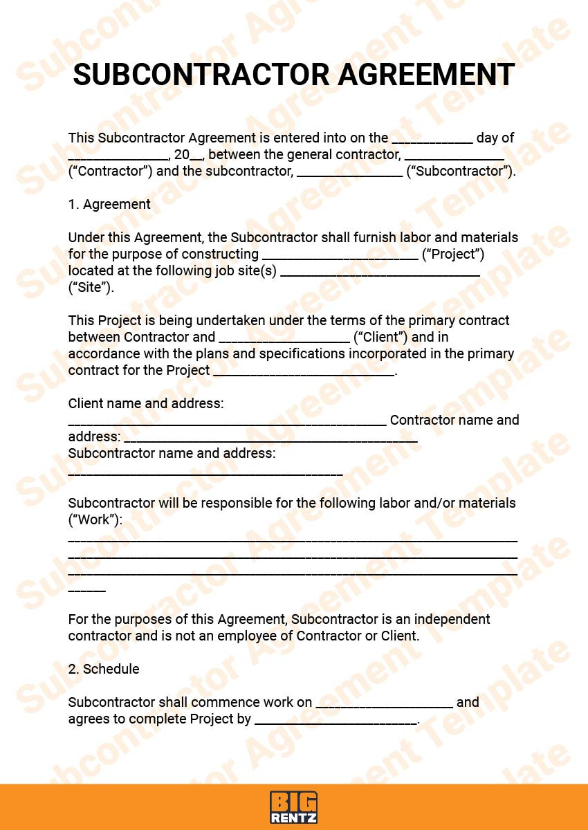 sample Sub Contractor Agreement Template