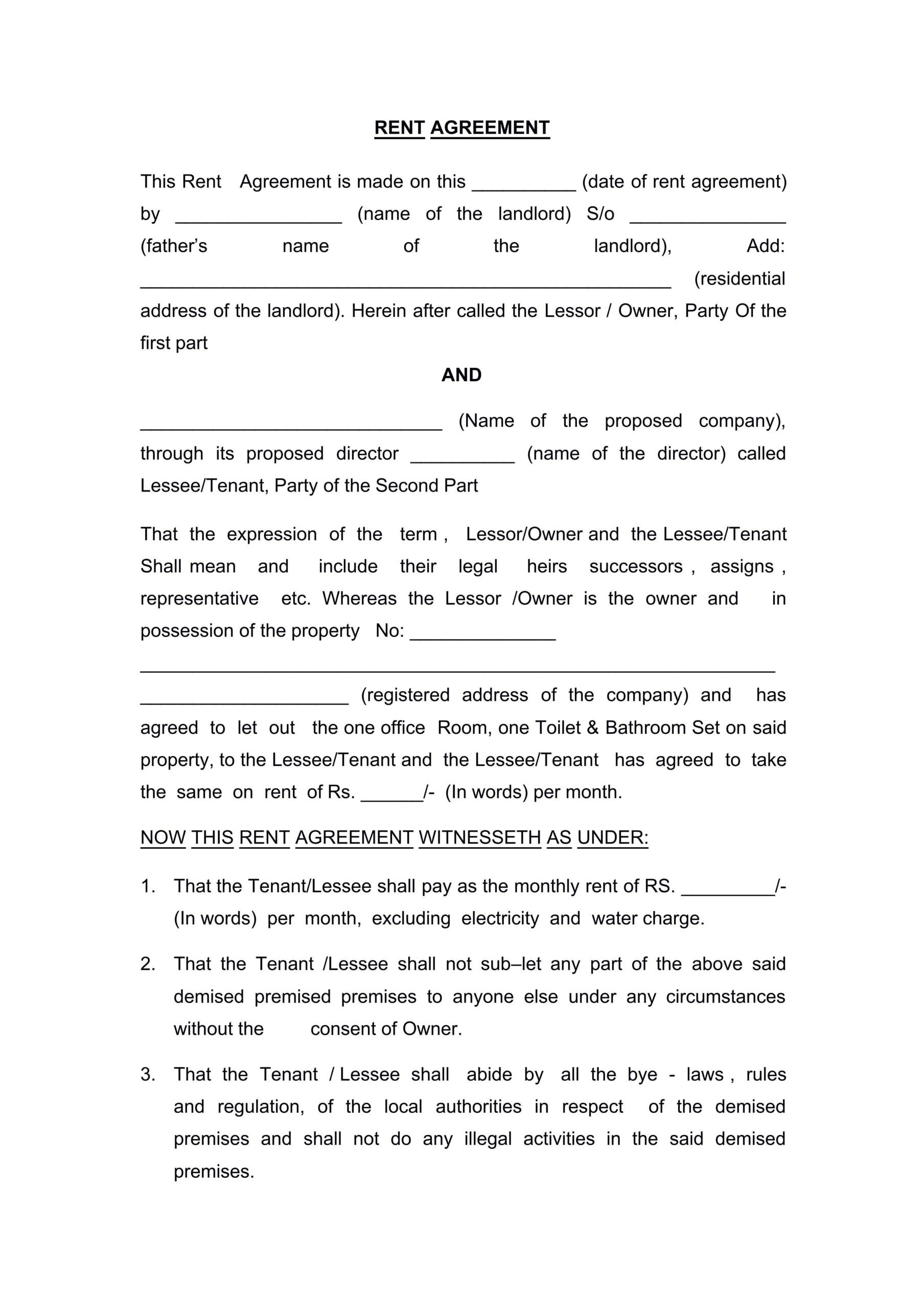 sample house rent agreement template